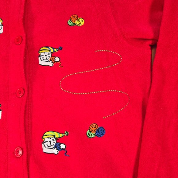 Vintage Red Fleece Cardigan With Embroidered‎ Cat & Yarn Patterns - Picture 4 of 12